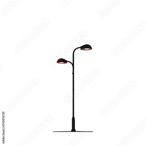 Minimalist black and white street lamp design with red accents, modern art