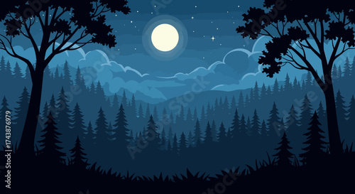 A serene night landscape featuring a full moon illuminating a dense forest with silhouetted trees and cloudy sky.