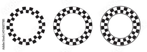 Set of round frames with black and white checkered print. Circular forms with checkerboard, race flag or chess game plane pattern isolated on white background. Vector graphic illistration