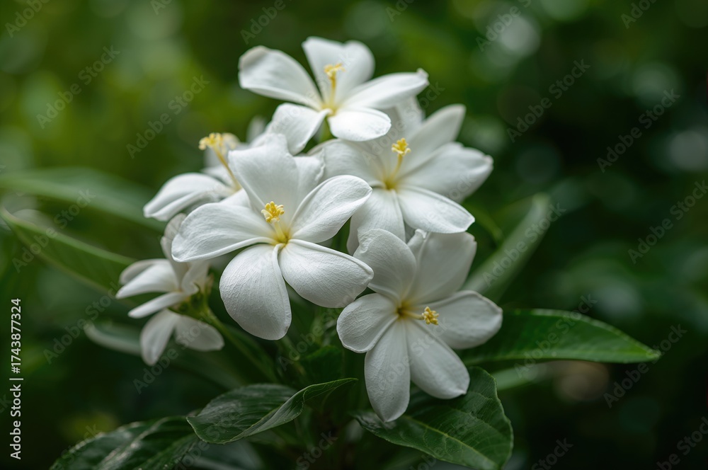 Naklejka premium Green leaves encircling white Gardenia blossoms