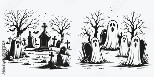 graveyard with ghosts sketch illustration vector set