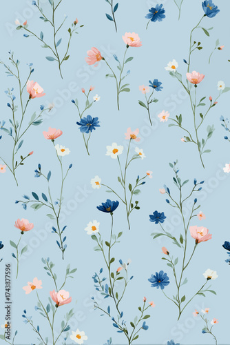 Floral pattern with delicate flowers on a light blue background