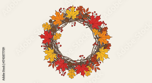 autumn wreath with colorful leaves and berries clip art preview