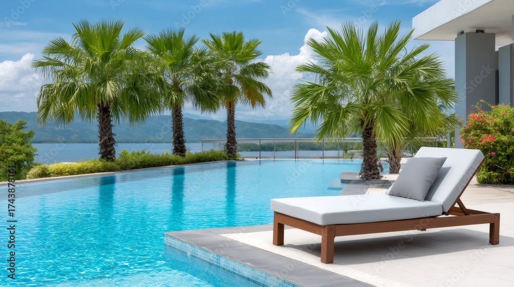 Obraz premium Resort infinity pool with palm trees overlooking mountains