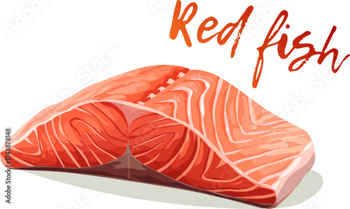 A stylishly designed vector icon piece of red fish isolated on white background. Eye-catching cartoon illustration depicts a salmon fish. Perfect for seafood restaurants, fish markets