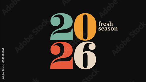 A graphic design with the year and the words fresh season in different colors on a black background