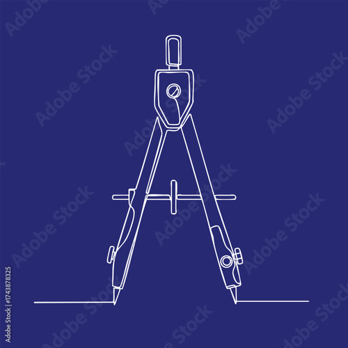 Technical drawing of a drafting compass with detailed lines and measurements on a deep blue