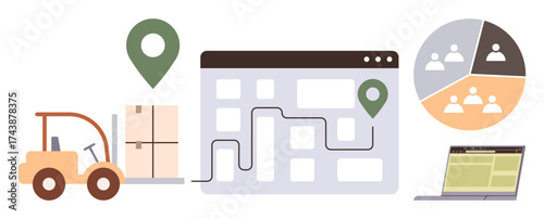 Warehouse with forklift moving packages, map with route and location pin, team division chart, and laptop screen. Ideal for logistics, planning, warehouse management, distribution, teamwork data