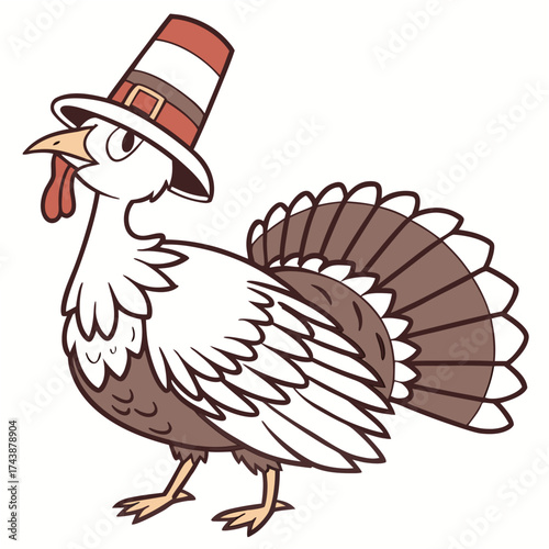 Cute cartoon Turkey Wearing a Pilgrim Hat for Thanksgiving . Isolated vector illustration on white background 
