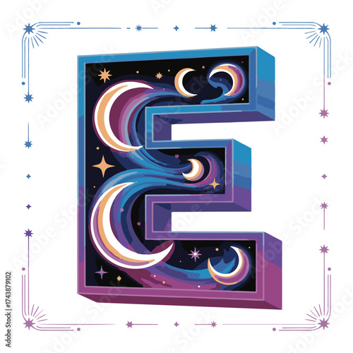 Stylized 3d letter e adorned with crescent moons stars and cosmic nebulae in a celestial night sky design