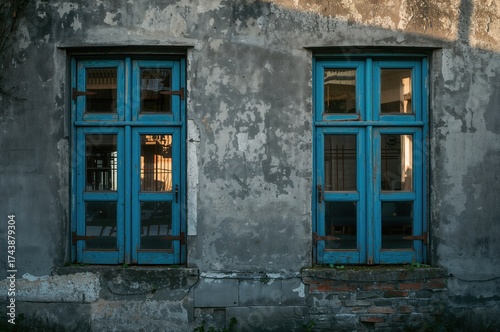 Pair of vintage blue windows set in a faded gray exterior of an aged home