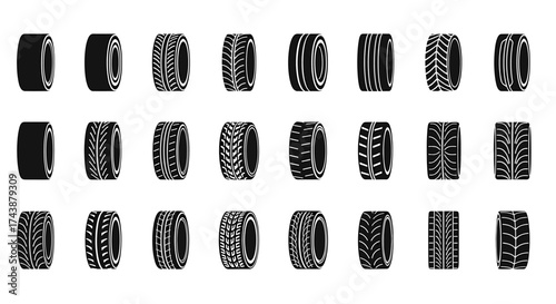 A collection of various tire tread patterns are displayed in a simple, black and white illustration, showcasing diverse designs for automotive and vehicle applications, suitable for design and