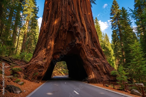 Passage carved inside a massive tree trunk in a dense forest