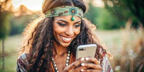 una mujer morena con ojos verdes sonriendo mientras mira a su tel?fono, estilo boho, ojos verdes,  estilo boho