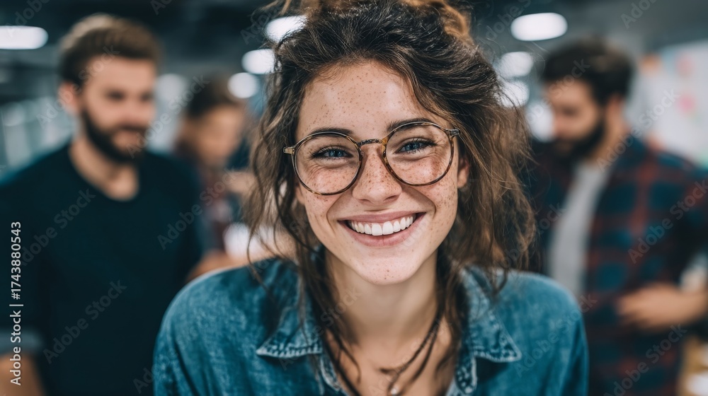 Obraz premium A smiling woman wearing glasses and denim stands outdoors or indoors during daytime,