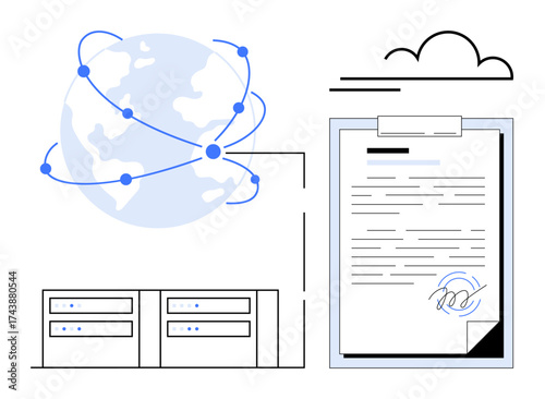 Earth with data connections, cloud icon, digital document signed by hand, and two servers. Ideal for technology, globalization, cloud storage, digital contracts secure data workflow IT. Simple