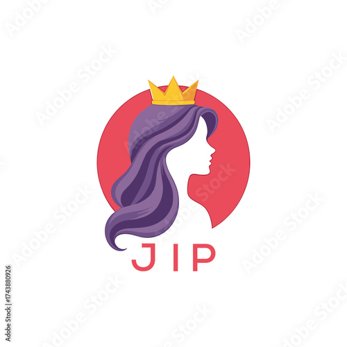 JIP Modern Beauty Queen Logo. JIP Design with Crown and Elegant Woman Silhouette. JIP Feminine Luxury Brand.
