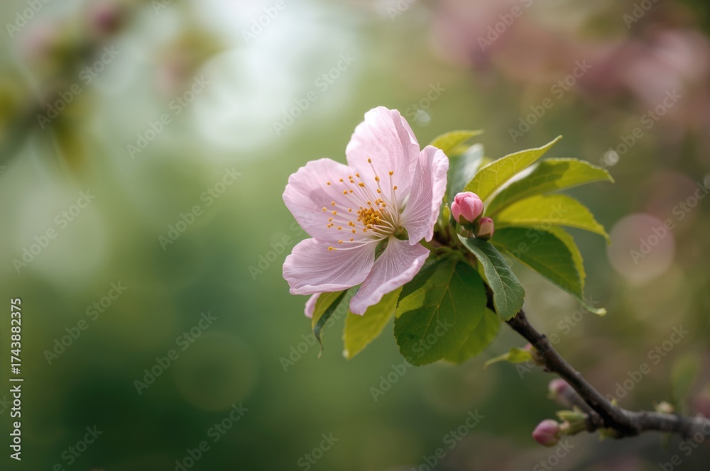 Obraz premium Blooming pink flowers with green bokeh backdrop, spring garden scenery