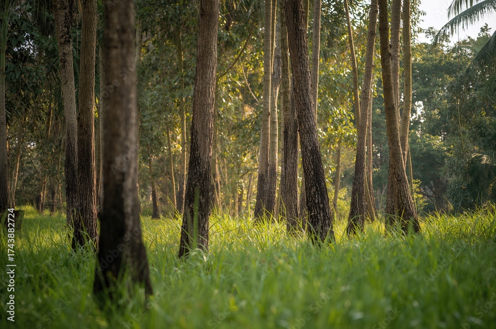 Obraz premium Portrait shot of scattered tree trunks surrounded by dense green grass