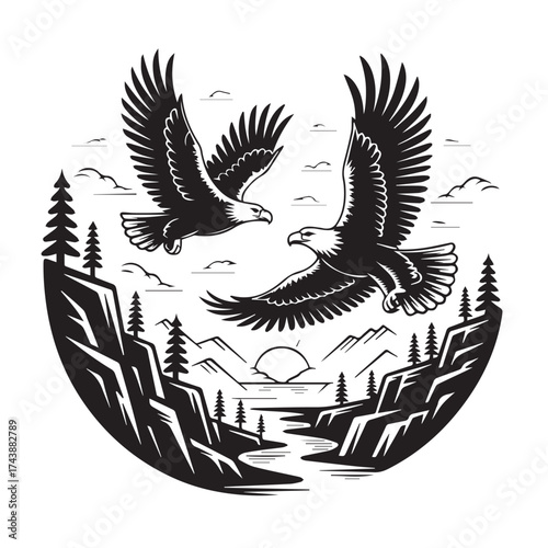 Two majestic bald eagles soaring gracefully over a scenic mountain landscape with a river and sunset in a circular emblem design