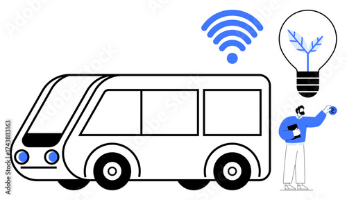 Electric bus with wireless signal, eco-friendly bulb symbolizing green energy, and figure holding globe. Ideal for innovation, technology, sustainability, transportation, smart cities, eco-solutions