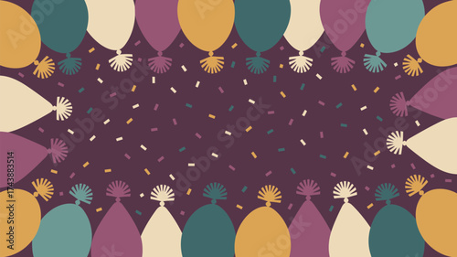 A festive background with balloons and confetti in muted colors creating a celebratory atmosphere