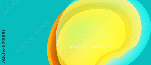 Abstract background features vibrant layers. Yellow, orange, turquoise blend smoothly. Modern design evokes energy, fluidity. Simple text reads background design.