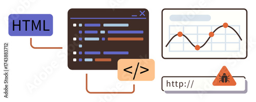 HTML coding screen, debugging alert, line chart tracking metrics in a browser. Ideal for development, programming, error analysis, technology, analytics, user experience simple flat metaphor