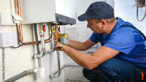 Plumber working on a boiler, installing connection pipes for a heating system