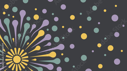 Abstract design with radiating shapes and scattered circles on a dark gray background pattern art