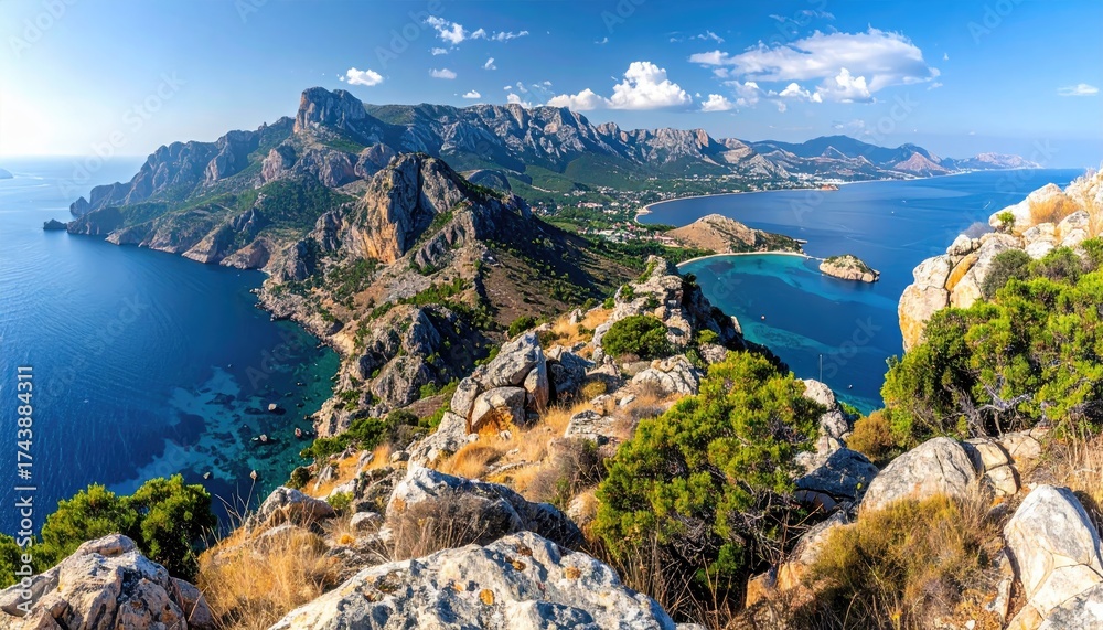 Fototapeta premium Coastal Landscape View of Rocky Cliffs Turquoise Water and Lush Green Vegetation in Sardinia Italy Under a Bright Sunny Blue Sky Summer Day