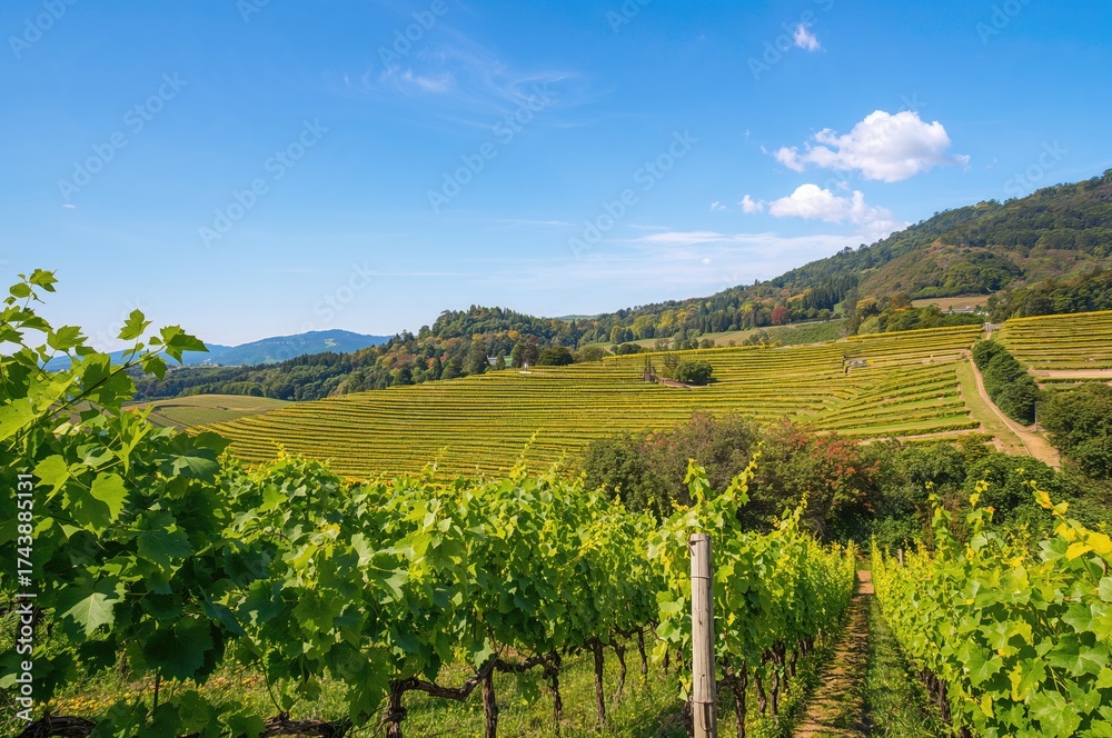 Fototapeta premium Terraced Vineyard Overlooking a Scenic Valley