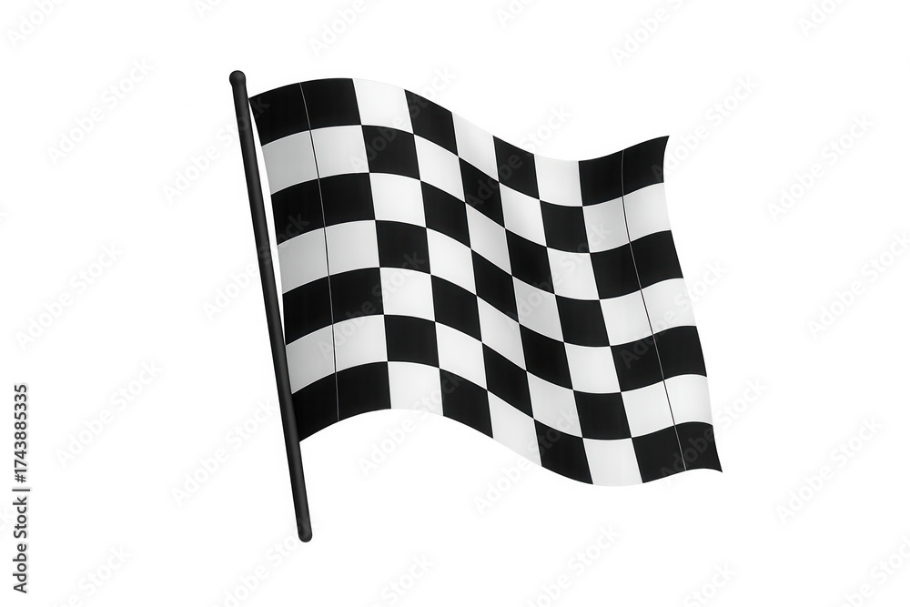 Fototapeta premium Checkered flag waving on pole, symbolizing finish line, win, racing, victory, and successful competition