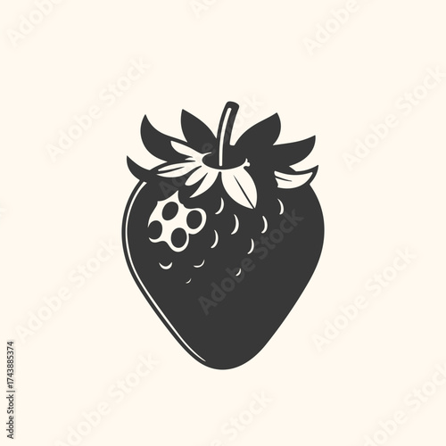 Vector art of stylized silhouette of a single strawberry with seeds and leaves, isolated on a light cream background, representing summer fruit and healthy eating