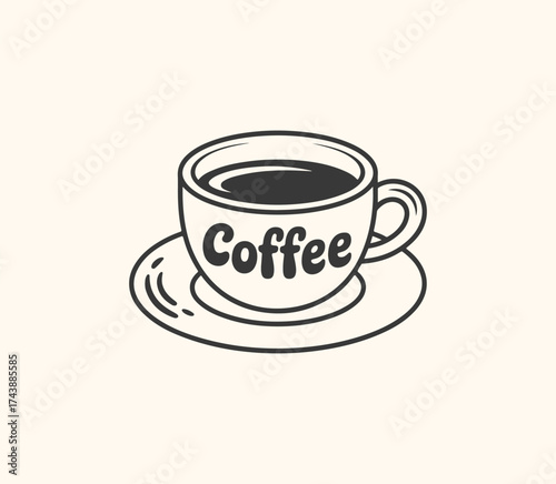 Vector art of a simple, handdrawn illustration of a coffee cup and saucer with the word coffee written on the cup, isolated on a light cream background