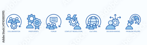 Effective Teamwork Icon Set Isolated Vector With Icon Of Collaboration, Proficiency, Forum, Conflict Resolution, Cultural, Decision Making, Problem Solving In Blue Style