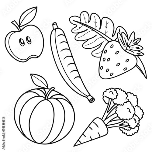 Kids Coloring Page – Fruits and Vegetables Illustration