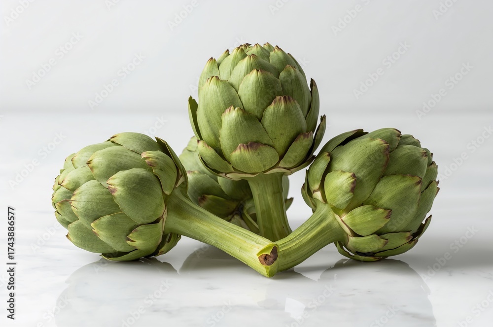 Obraz premium Raw Green Artichokes Arranged on a White Background
