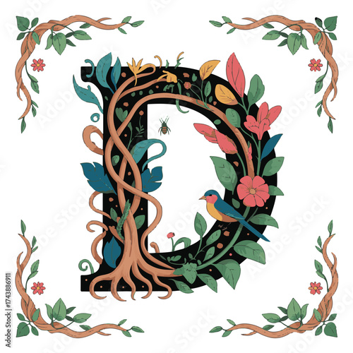 Whimsical alphabet letter d decorated with enchanted forest elements and delicate floral accents
