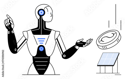 Robot interacting with coin and solar panel representing AI technology, energy efficiency, and finance. Ideal for innovation, renewable energy, sustainability, digital finance, technology