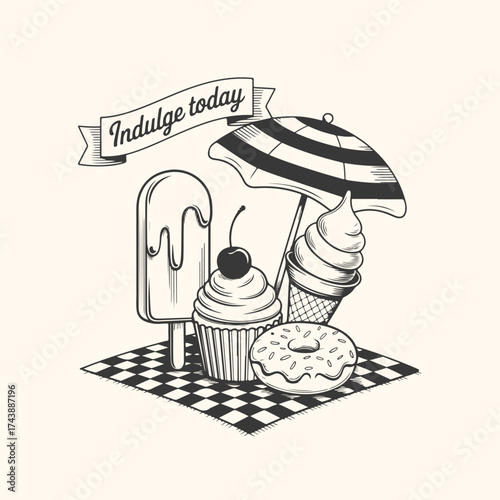Vector art of handdrawn illustration of a delightful assortment of sweet treats including a popsicle, cupcake, ice cream cone, and donut, under a striped umbrella, with the banner indulge today