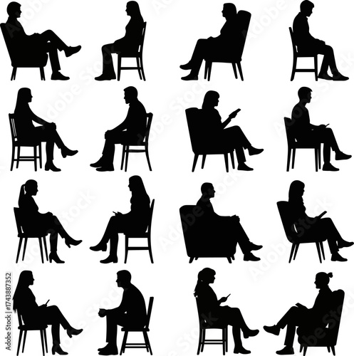 solated a kinds of deferent Sitting people silhouette Vector collection in PNG with black silhouettes of men and women and teenagers sitting on bench or chair business group in profile view vector art