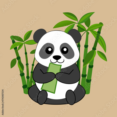 Panda holding and eating a green bamboo stalk peacefully