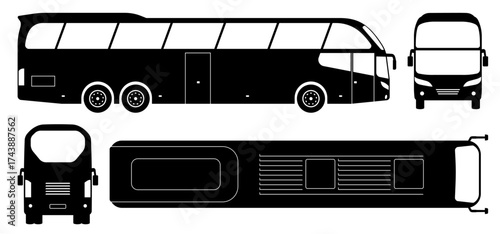 Black and white vector icons of a tourist bus shown from four different angles: side, front, rear, and top view. Simple, clean silhouette style for easy use in design projects.