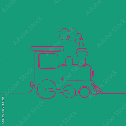Minimalist continuous line drawing of a vintage steam locomotive with smoke rising from the chimney on a solid teal