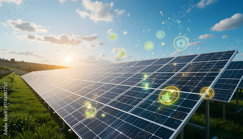 Futuristic solar field with 3D holographic recycling icons and vector leaves floating above panels, AI-enhanced eco visualization.