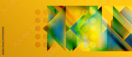 Abstract geometric composition. Vivid colors blend, creating dynamic visual effect. Shapes overlap, forming complex pattern. Yellow background contrasts with vibrant hues.