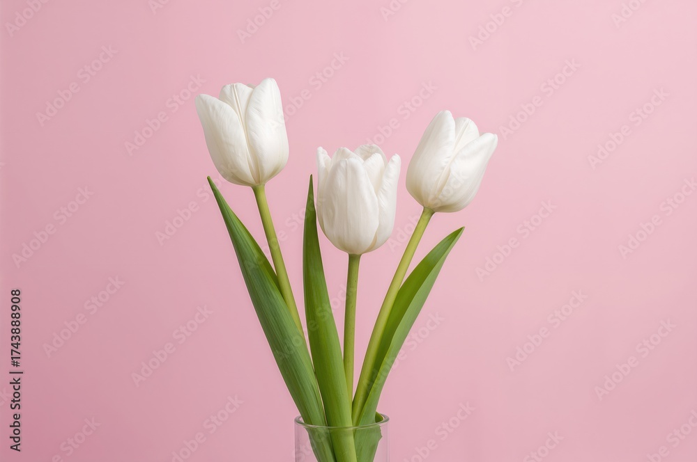 Fototapeta premium Three white tulips against a pink backdrop. Portrait orientation.