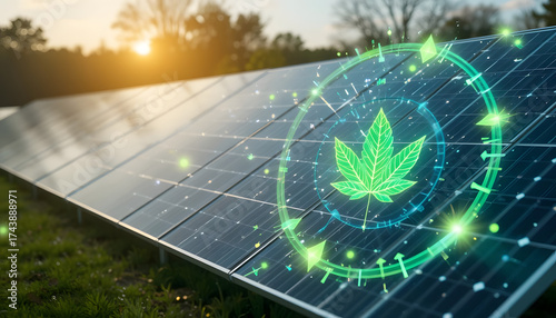 Top view of solar grid with holographic eco icons glowing around panels, futuristic renewable system with hybrid digital design overlay.