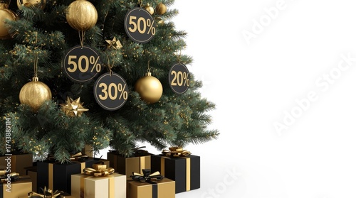 Christmas tree adorned with golden ornaments and discount tags, surrounded by beautifully wrapped presents, creating a festive holiday atmosphere with copy space